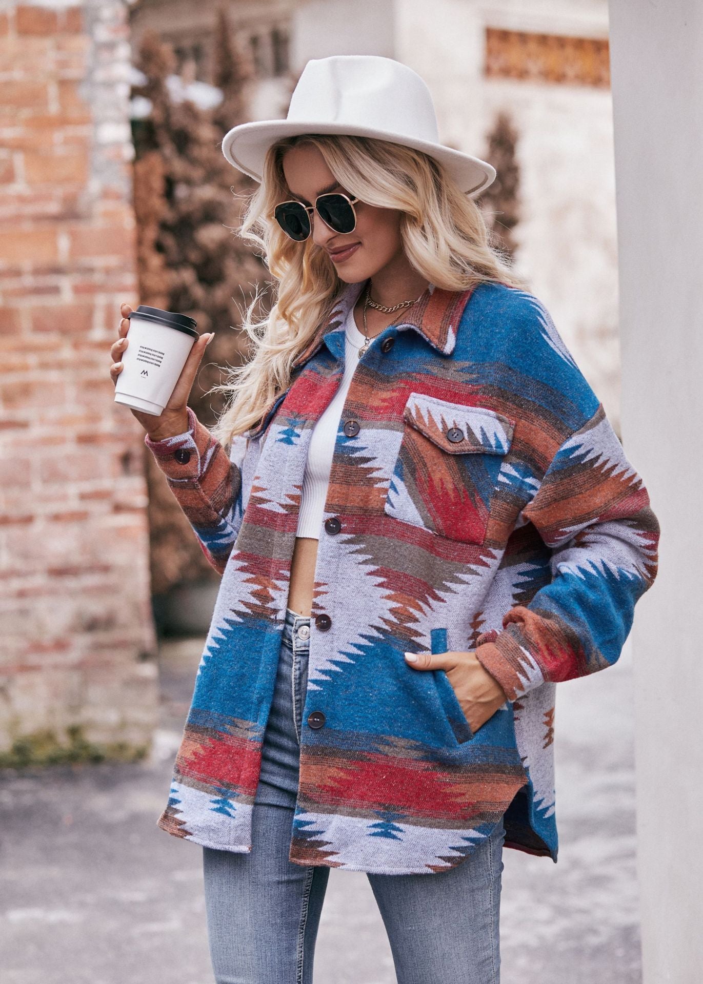 Geometric Print Jacket Shirt Winter Stand Collar Coats With Pockets Women's Outwear - Modern Versatile Flattering Practical