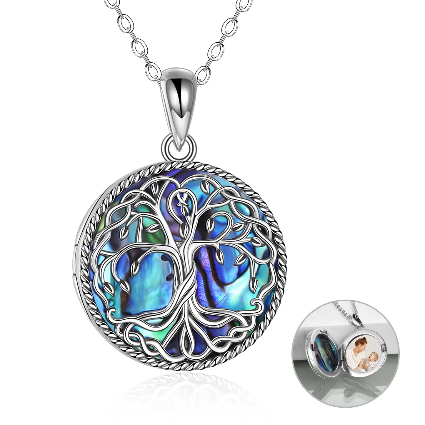 Livets träd medaljong halsband smycken för kvinnor sterlingsilver keltiskt släktträd abalone snäckskal medaljong smycken gåvor för mamma dotter