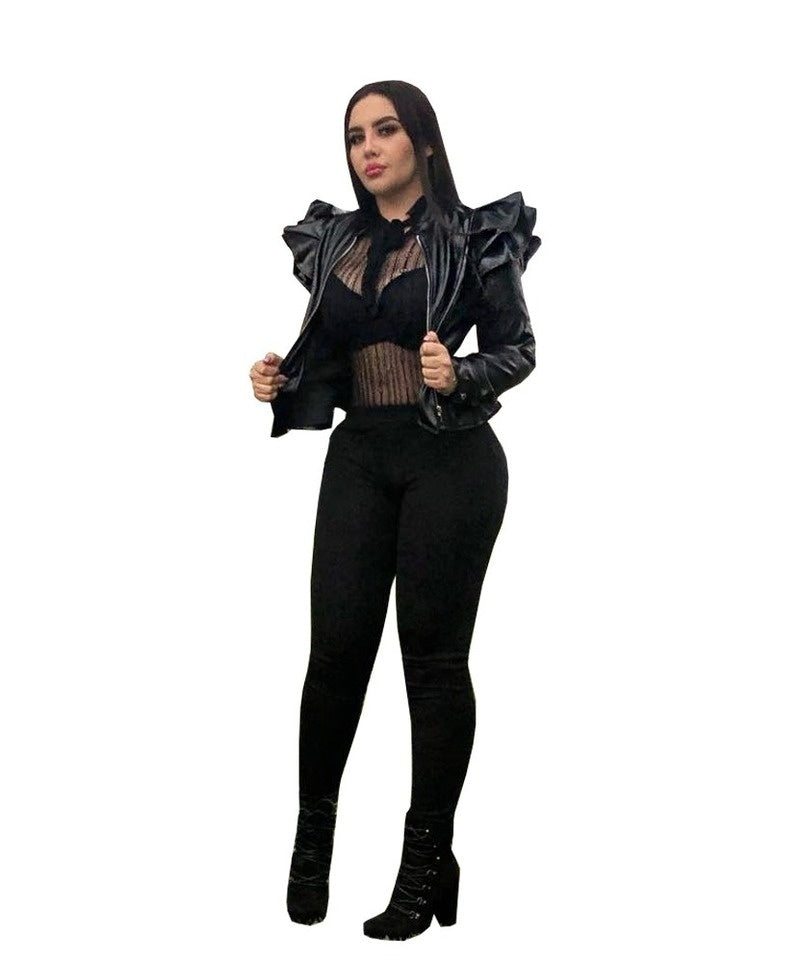Leather Casual Women's Ruffled Leather Jacket - Black Color Classification Ruffle Edge Decoration Female
