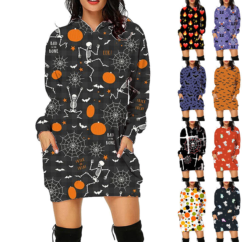 Halloween Print Lång Hoodie Med Fickor Tröja Långärmade Kläder Kvinnor