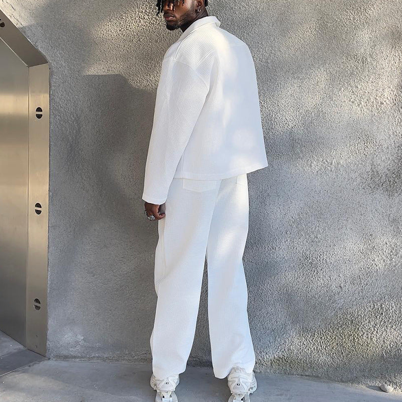 Veste de couleur unie pour hommes, pantalon décontracté, ensemble deux pièces