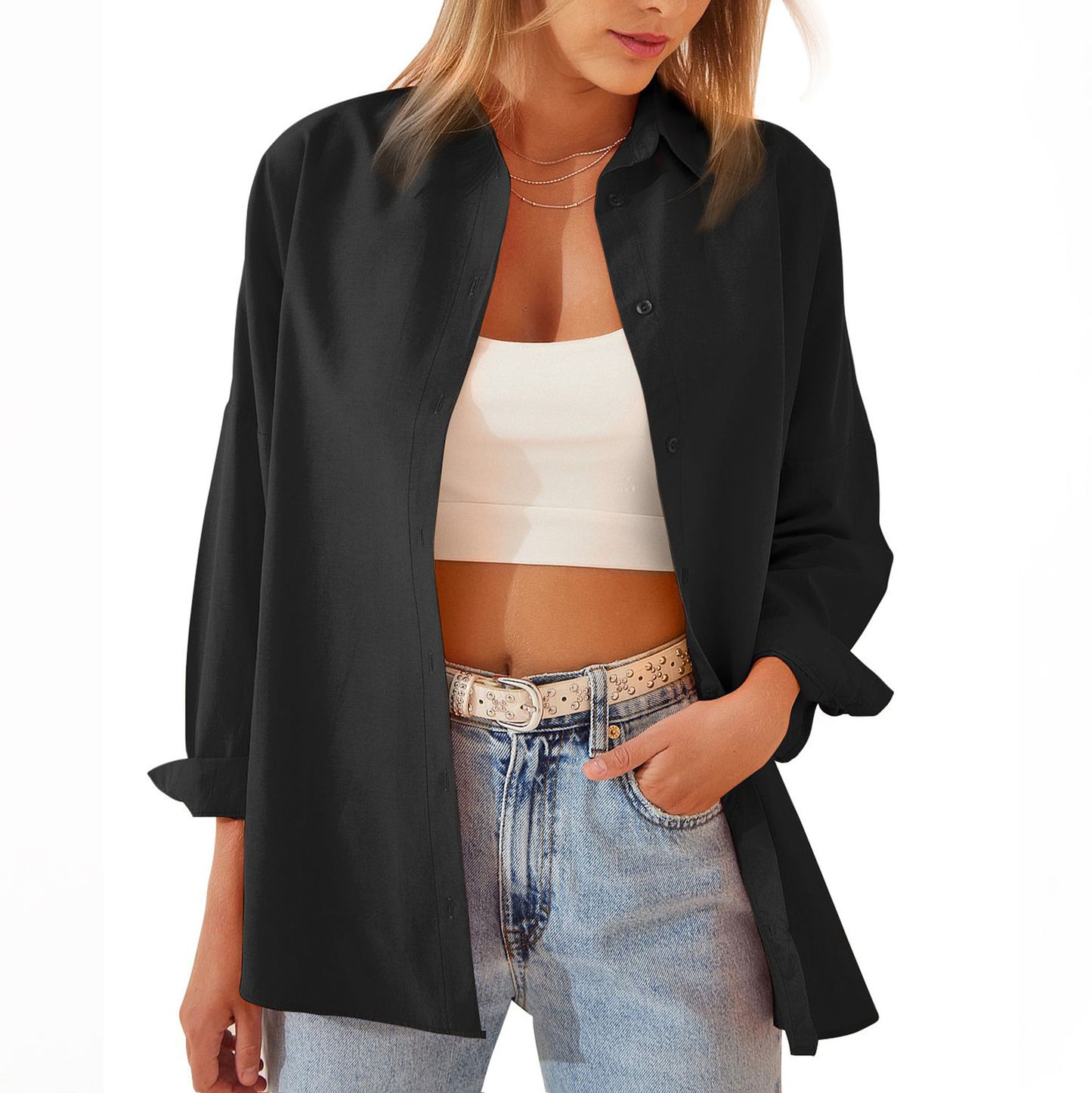 Veste chemise pour femme, chemisier à manches longues, hauts boutonnés, chemise couleur bonbon