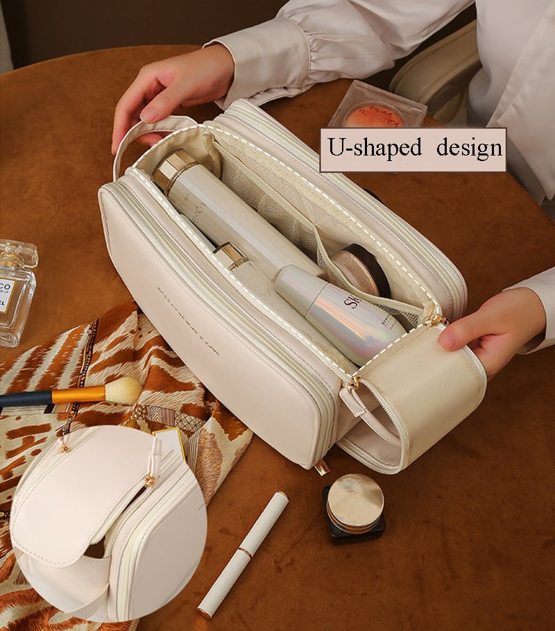 3-Tier Expandable Makeup Organizer - U-Shape Design Cosmetic Case with Double Zippers