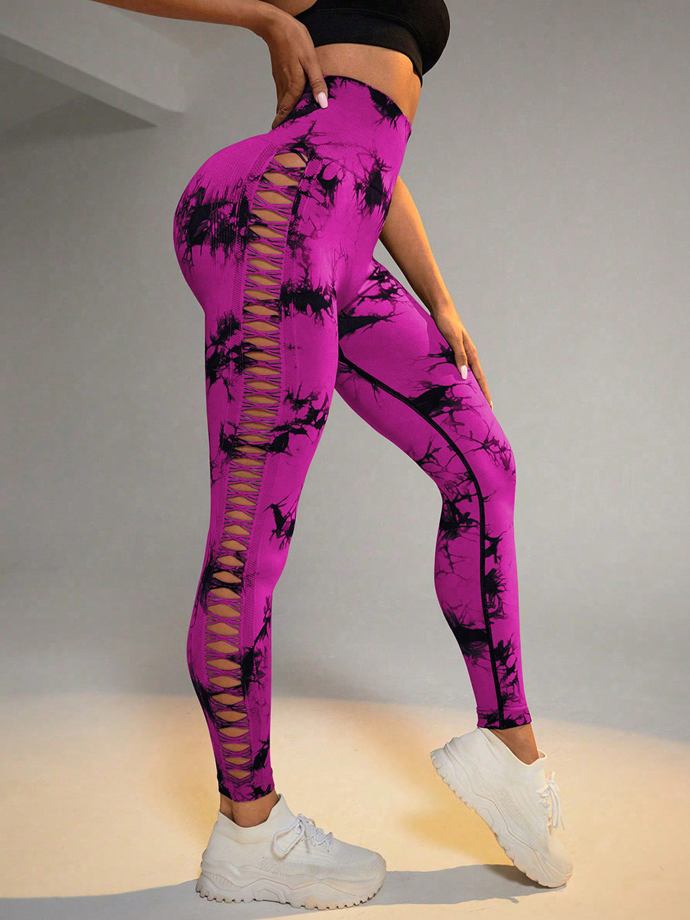 Hollow Tie Dye tryckta yogabyxor Hög midja rumplyft Sömlös Sport Gym Fitness Leggings Slimbyxor för kvinnor Tighta byxor