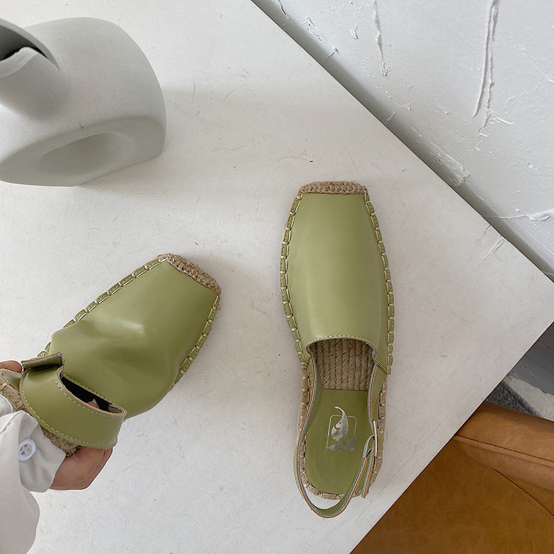 Baotou Platta Sandaler Dam Retro Fisherman Skor Mjukt Läder Singelskor Dam