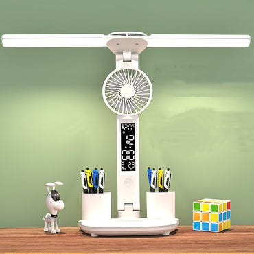 Lampe de table rechargeable avec ventilateur LED, éclairage à double tête, protection des yeux
