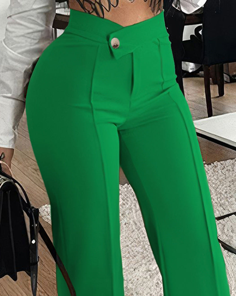 Pantalon Slim à jambe droite avec boucle, pantalon de couleur unie à la mode pour vêtements pour femmes