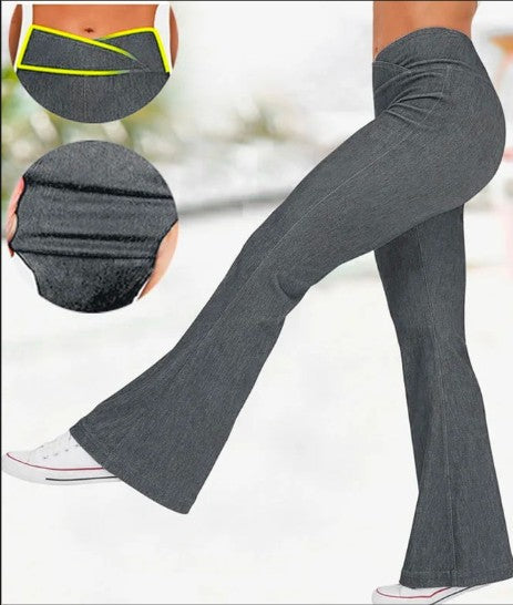 Enfärgad hög midja Cross Stretch Denim Casual Sports Bell-bottom byxor