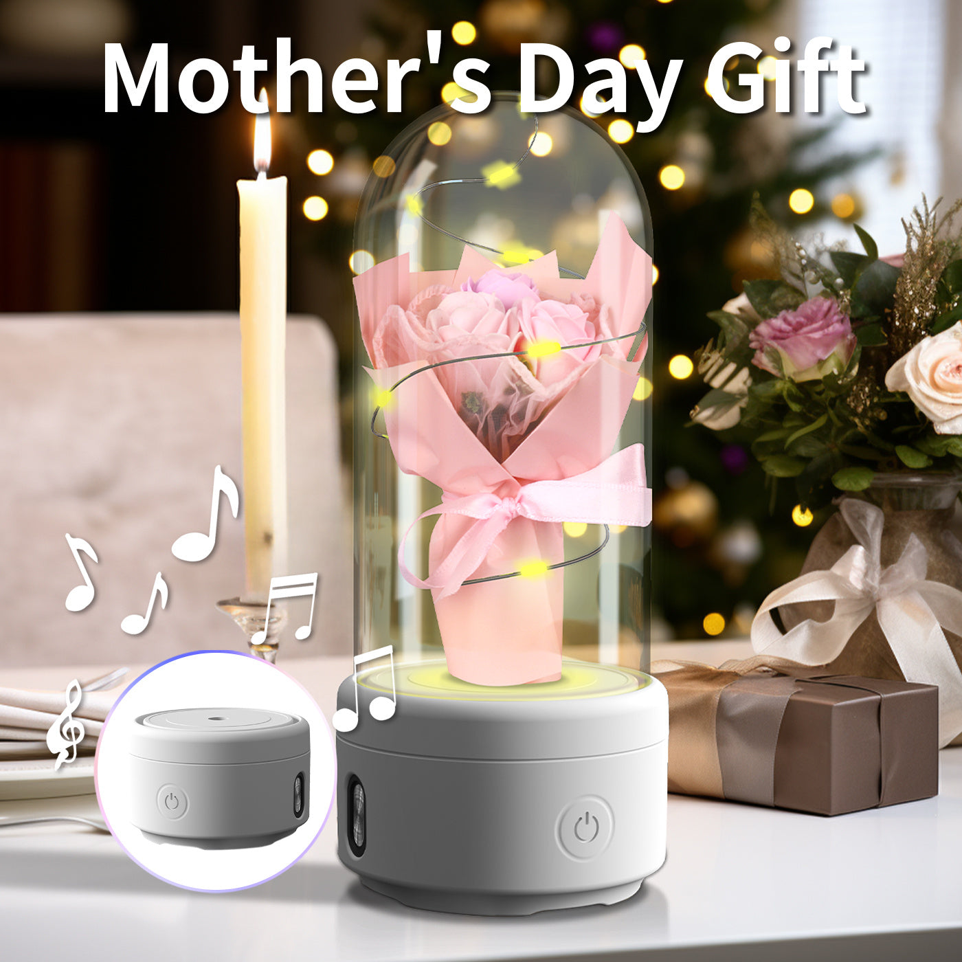 Creative 2 i 1 bukett LED-ljus och Bluetooth-högtalare Mors dag present Rose Lysande nattljusprydnad i glasskydd