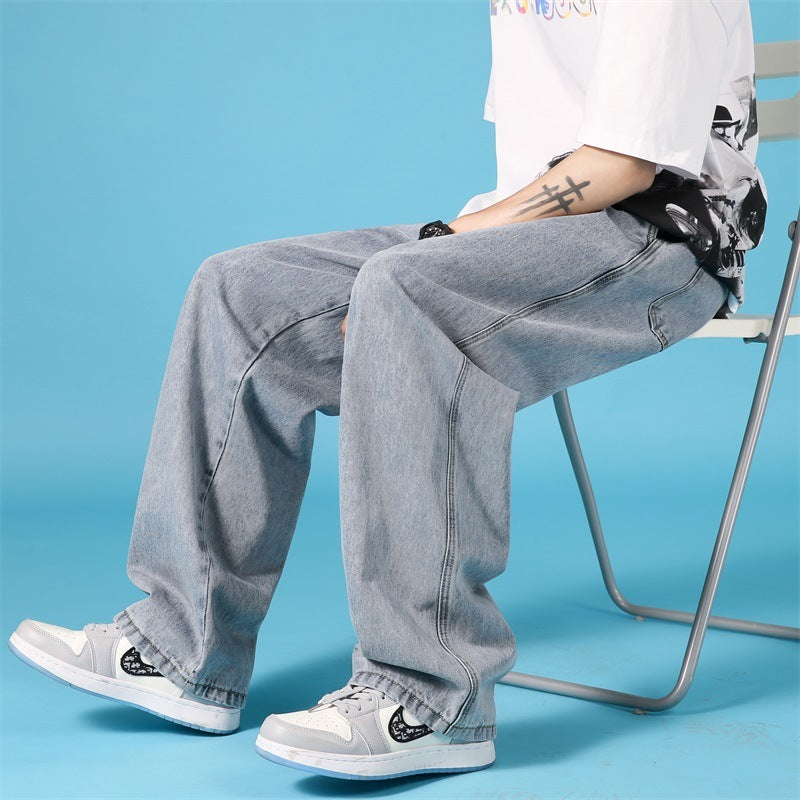 Raka Lösa Jeans Herr Fritidsbyxor Hip Hop Cargo Denim Byxor Med Dragkedja
