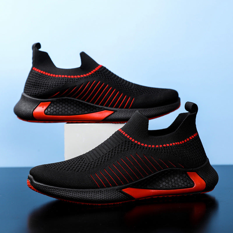Moderiktiga nätskor med randig design för män, utomhus, andningsbara, slip-on-sneakers, ädelträ, lätta löparskor