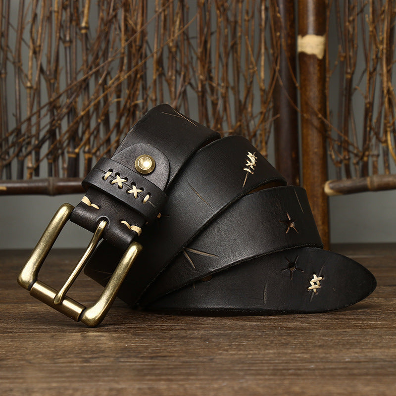 Men's Washed-Out Vintage First Layer Cow Leather Pin Buckle Jeans Belt - Authentic Character