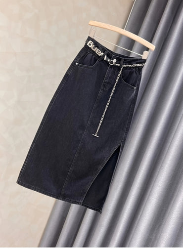 Women's Denim A-Line Skirt - High Waist Slit with Chain Detail