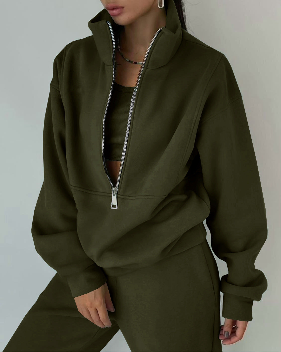 Stand Collar-kostym med dragkedja, kort sportkläder, långärmad tröja och byxor för vår och höst, damkläder