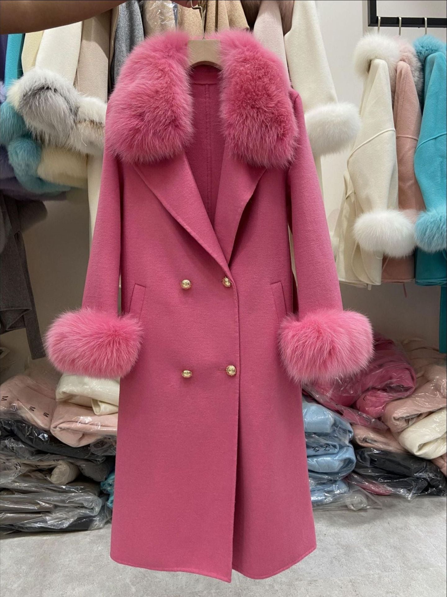 Fox Fur Collar Wool Double-Sided Woolen Coat Long For Women - Luxury Warmth Elegant Premium Durable