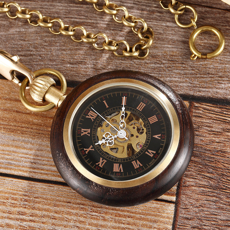 Red Copper Wood Roman Scale Retro Mechanical Pocket Watch - Modern Classic Elegant Timeless Sophisticated Precision Must-Have