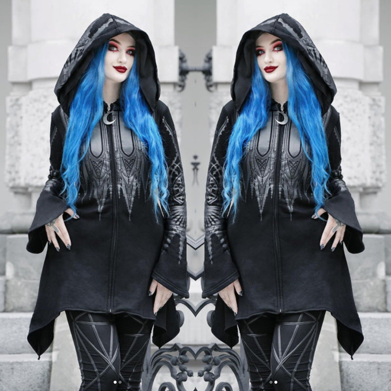 Halloween Cosplay Hoodie Women's Punk Black Long Hooded Printed Sweater