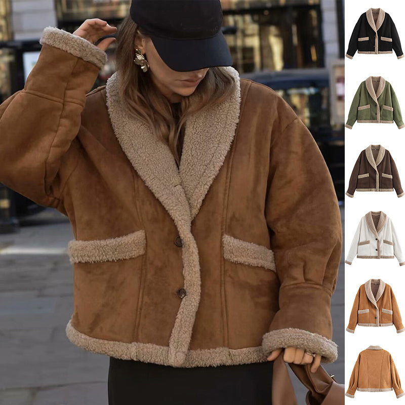 Lapel Woolen Coat With Pockets - Winter Fashion Loose Suede Short Top Women's Clothing