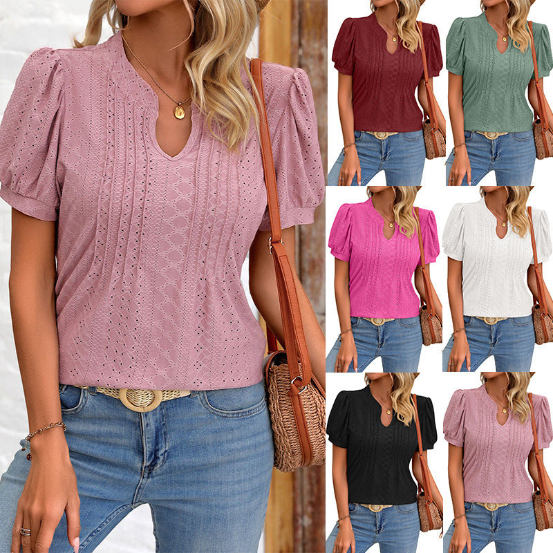 Solid Color V-neck Puff Short-sleeved T-shirt - Fashion Summer Collection