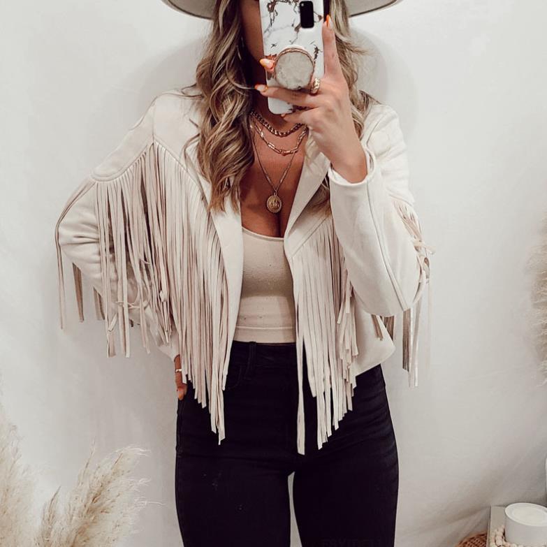 Veste à franges en cuir simili daim pour femme Moto Biker manteau court ouvert sur le devant avec pompon