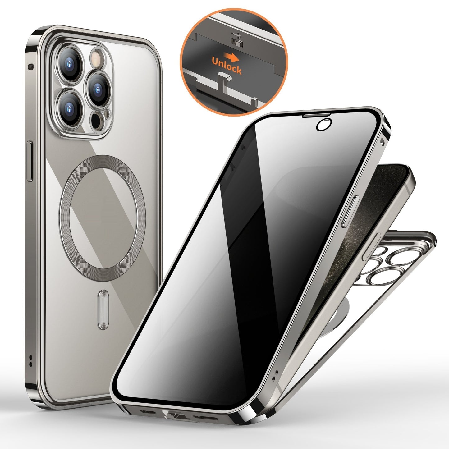 Anti-sekretess metallspänne magnetiskt stöd trådlös laddning dubbelsidig lins heltäckande telefonfodral skyddande fodral