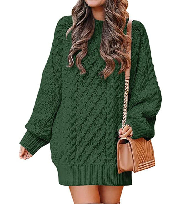 Indulge in the Luxe: Women's Round Neck Long Sleeve Twisted Knitted Mid-length Dress Sweater