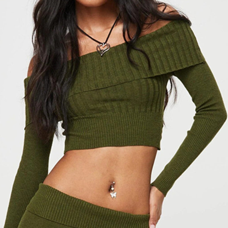 Boat Neck Long Sleeve Knitted Sweater - Off-shoulder Crop Short Top SFor Womens Clothing