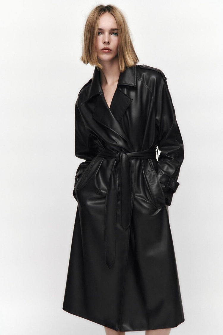 Women's Clothing Autumn Long Sleeve Slim Fit With Belt Imitation Leather Trench Coat