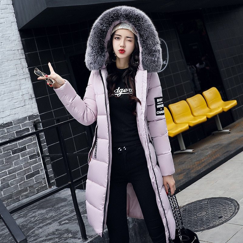 Long Cotton Jacket Hooded Big Fur Collar Down Jacket - Medium Length Casual Slim Fit Fox Hair