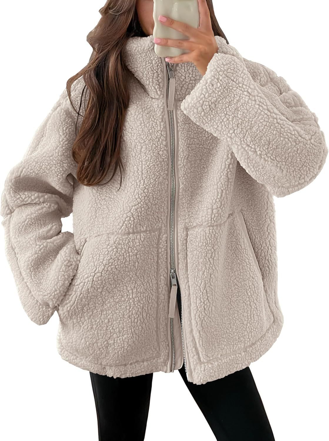 Winter Lapel Zip-Up Coat With Pockets Casual Fashion Solid Fleece Jacket Fall Spring Long Sleeve Women's Clothing