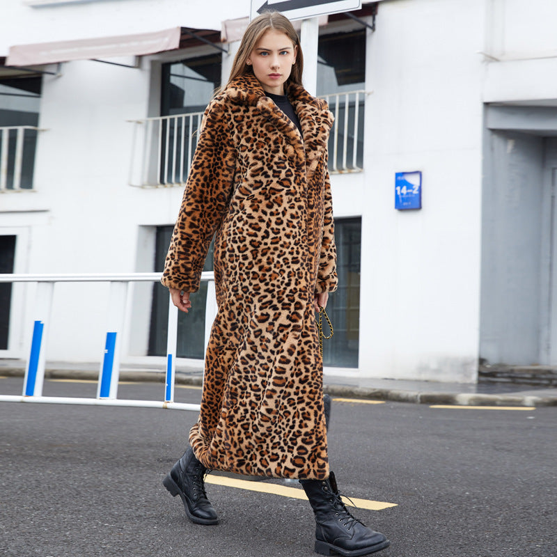 Faux Fur Leopard Print Rabbit Fur Super Long Suit Collar Fur Coat - Luxury Cruelty-Free Dramatic Sophisticated