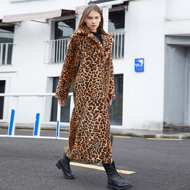 Faux Fur Leopard Print Rabbit Fur Super Long Suit Collar Fur Coat - Luxury Cruelty-Free Dramatic Sophisticated