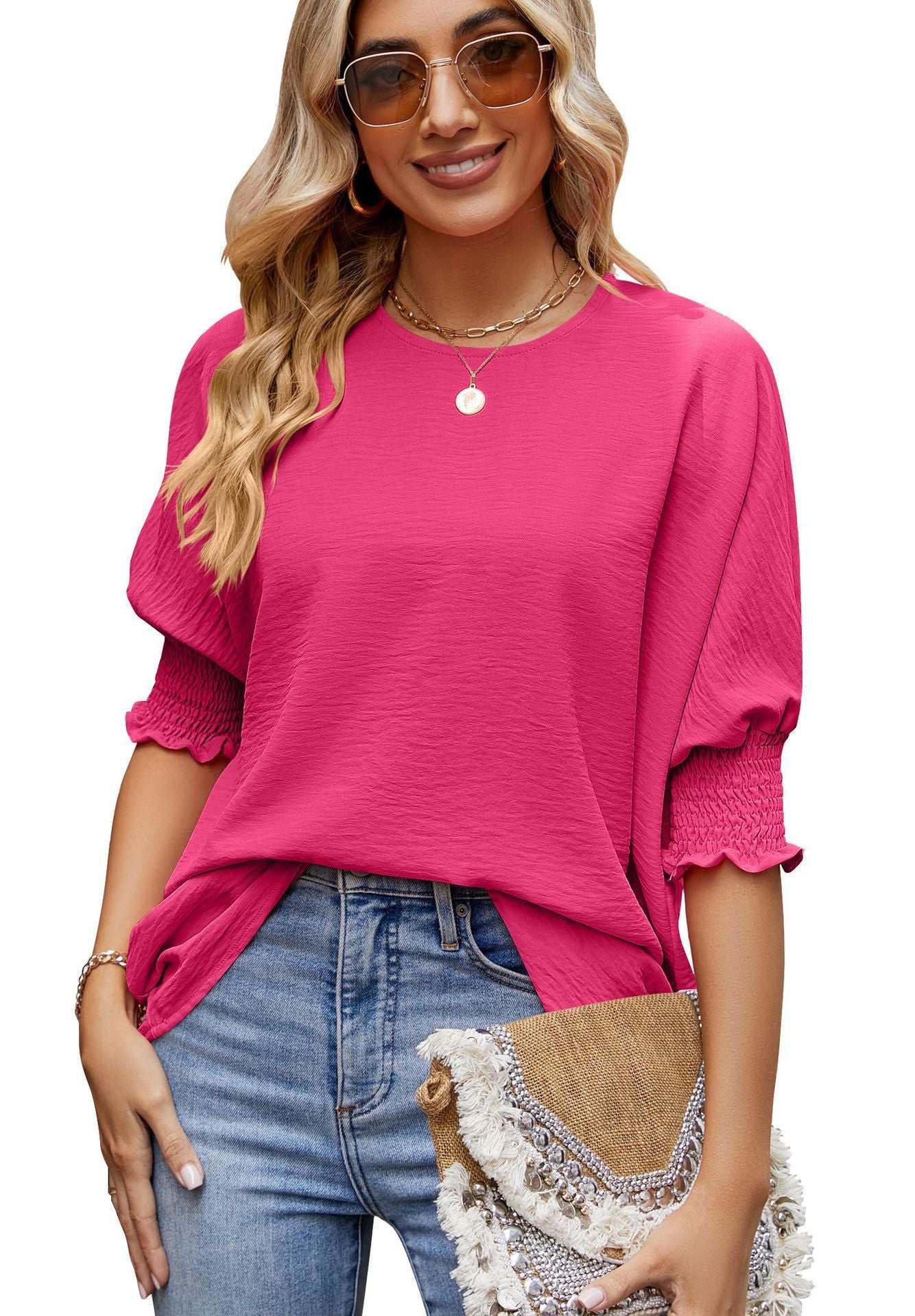 Lös T-shirt med resårärmar för kvinnor - Enfärgad outfit