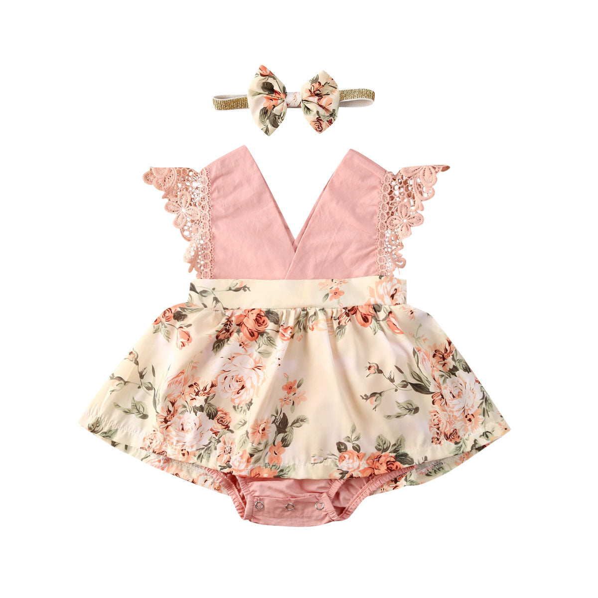 Flicka Prinsesskläder Baby Romper Flickor Blommig Spets V-ringad Ärmlös Jumpsuit Nyfödd Pannband Barnkläder Sommarkläder