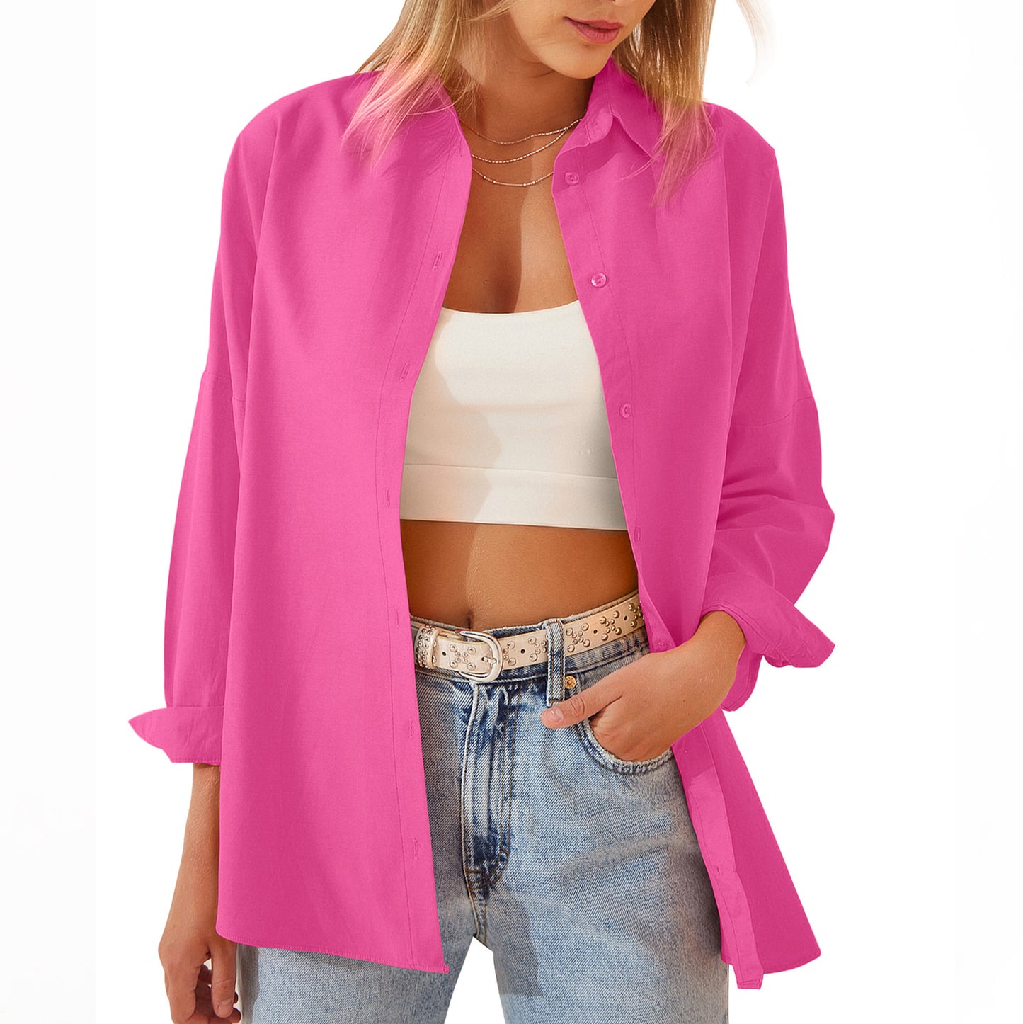 Veste chemise pour femme, chemisier à manches longues, hauts boutonnés, chemise couleur bonbon