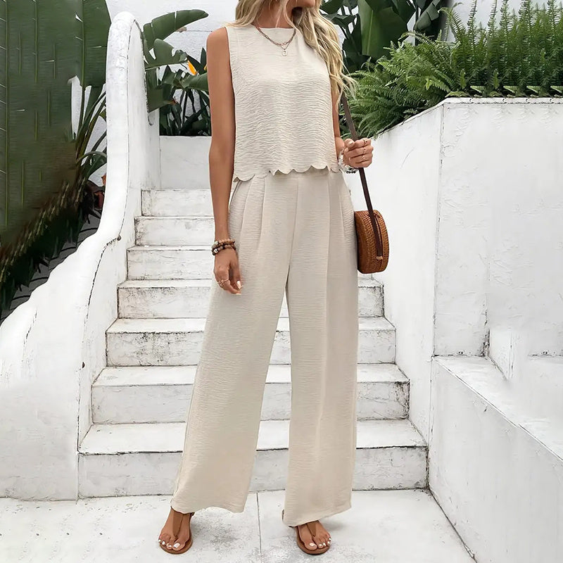 Elegant 2-delat matchande set för kvinnor, ärmlös crop top och vida byxor