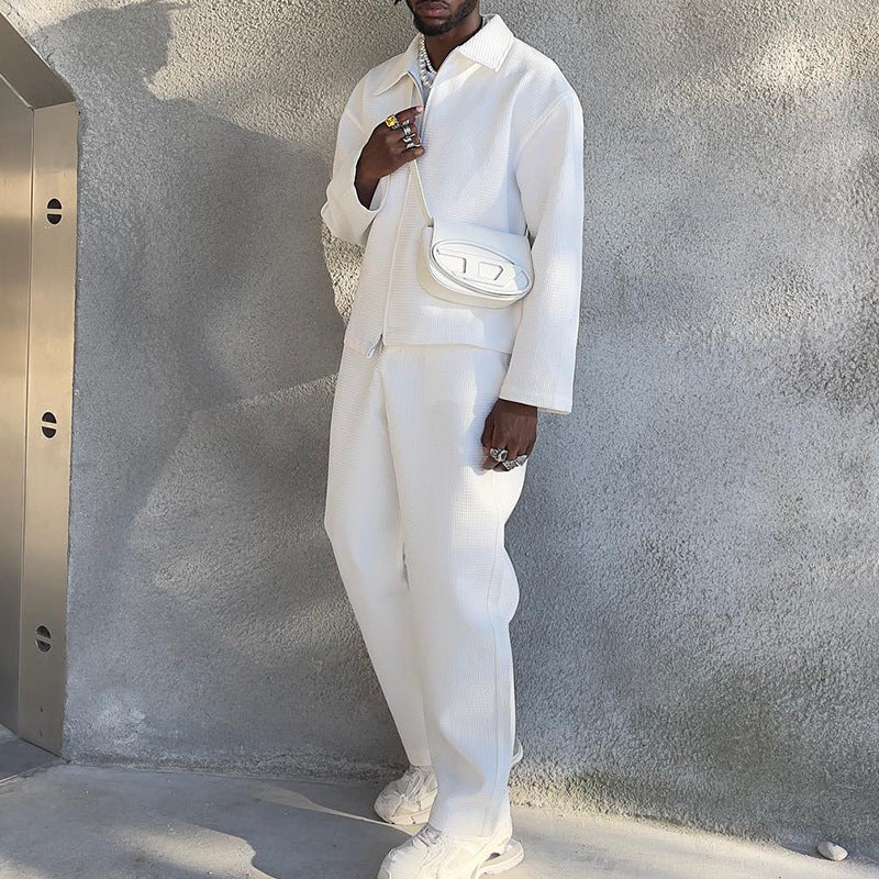 Veste de couleur unie pour hommes, pantalon décontracté, ensemble deux pièces
