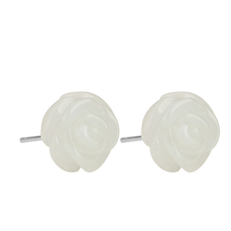 Ose Flower Sterling Silver Women Hetian Jade Flower Earrings