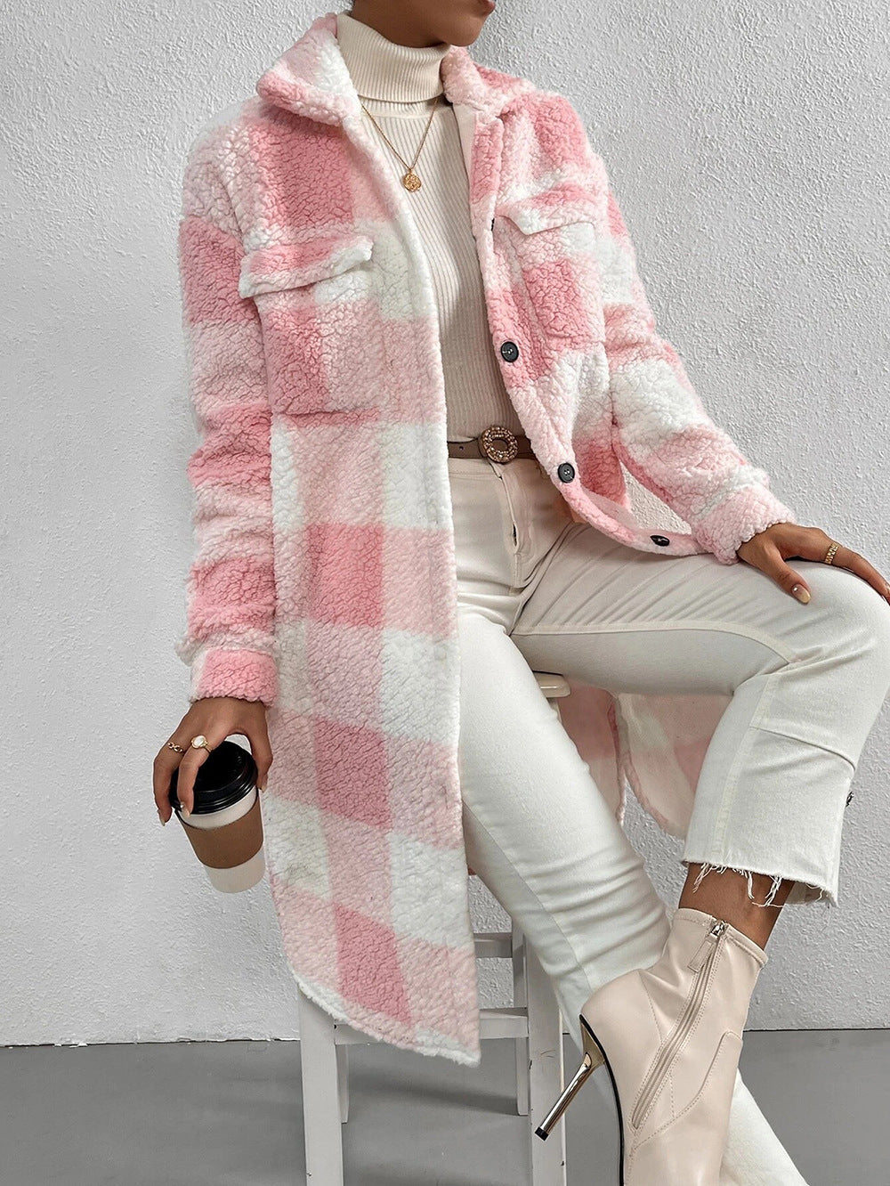 Manteau à carreaux en peluche à revers boutonné, ample