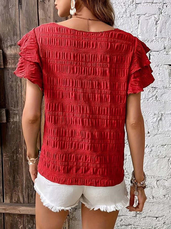 Summer Ruffled Short-sleeved T-shirt - Casual Round Neck Pleated Design Top For Women Clothing