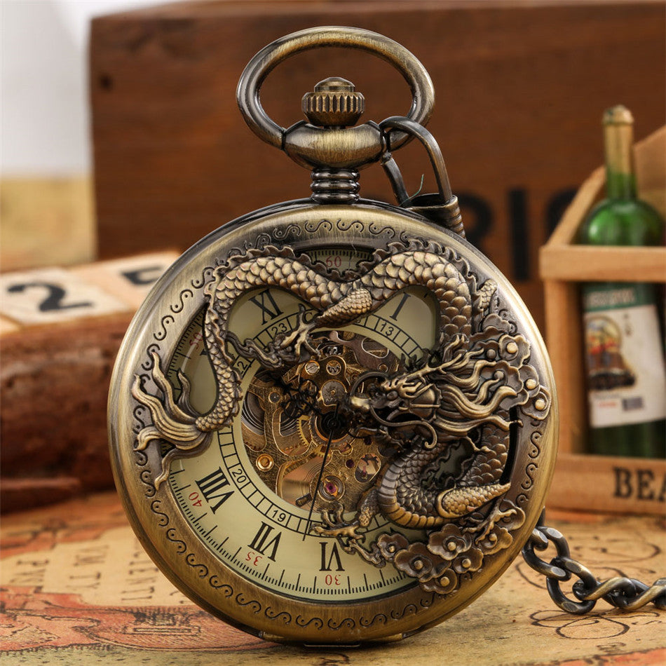 Retro Design Hollow Dragon Roman Literal Manual Manipulator Pocket Watch - Mythological Intricate Classic Precise Unique Craftsmanship