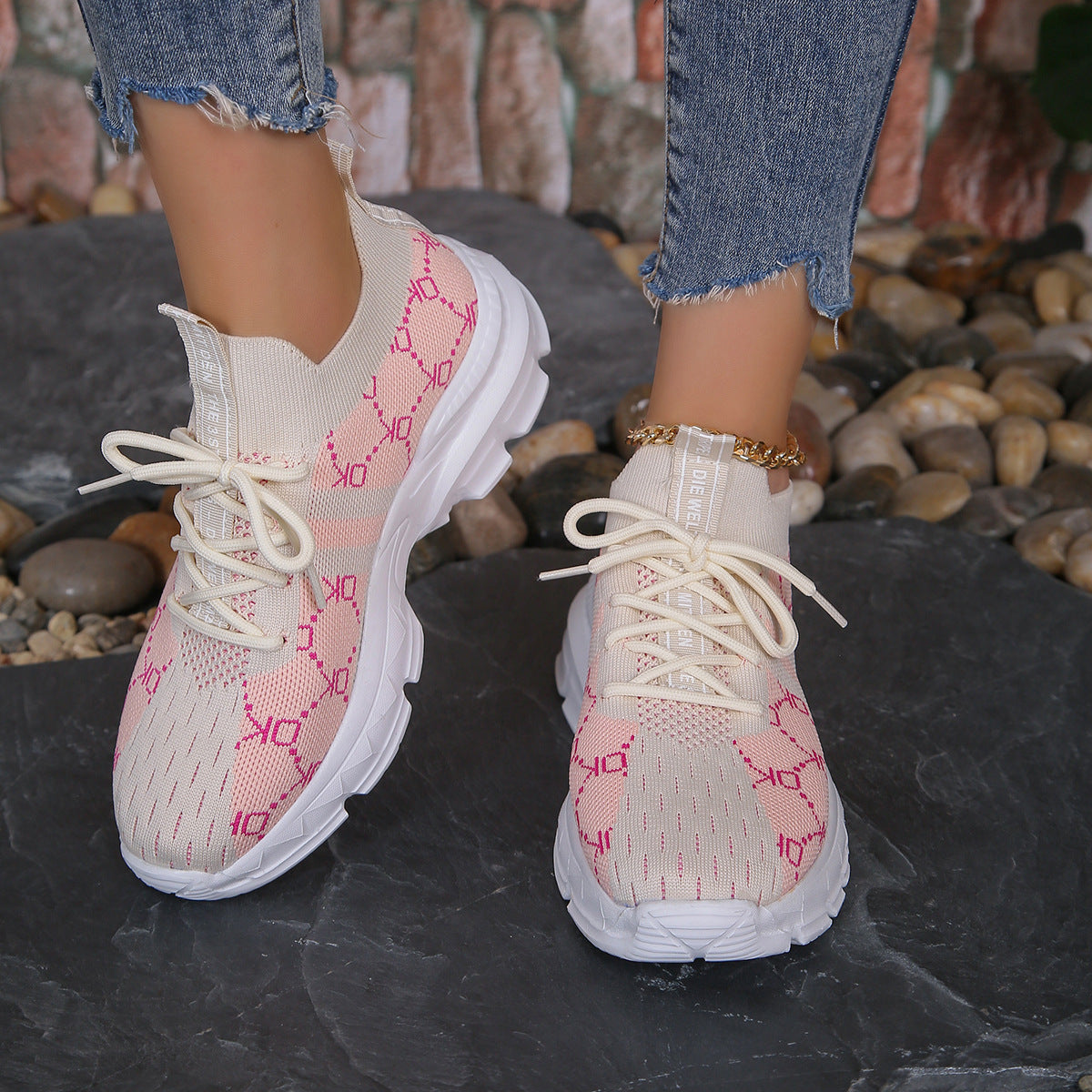 Sneakers i canvas som andas för kvinnor Platta snörskor i mesh Mode Casual Lätta löparskor