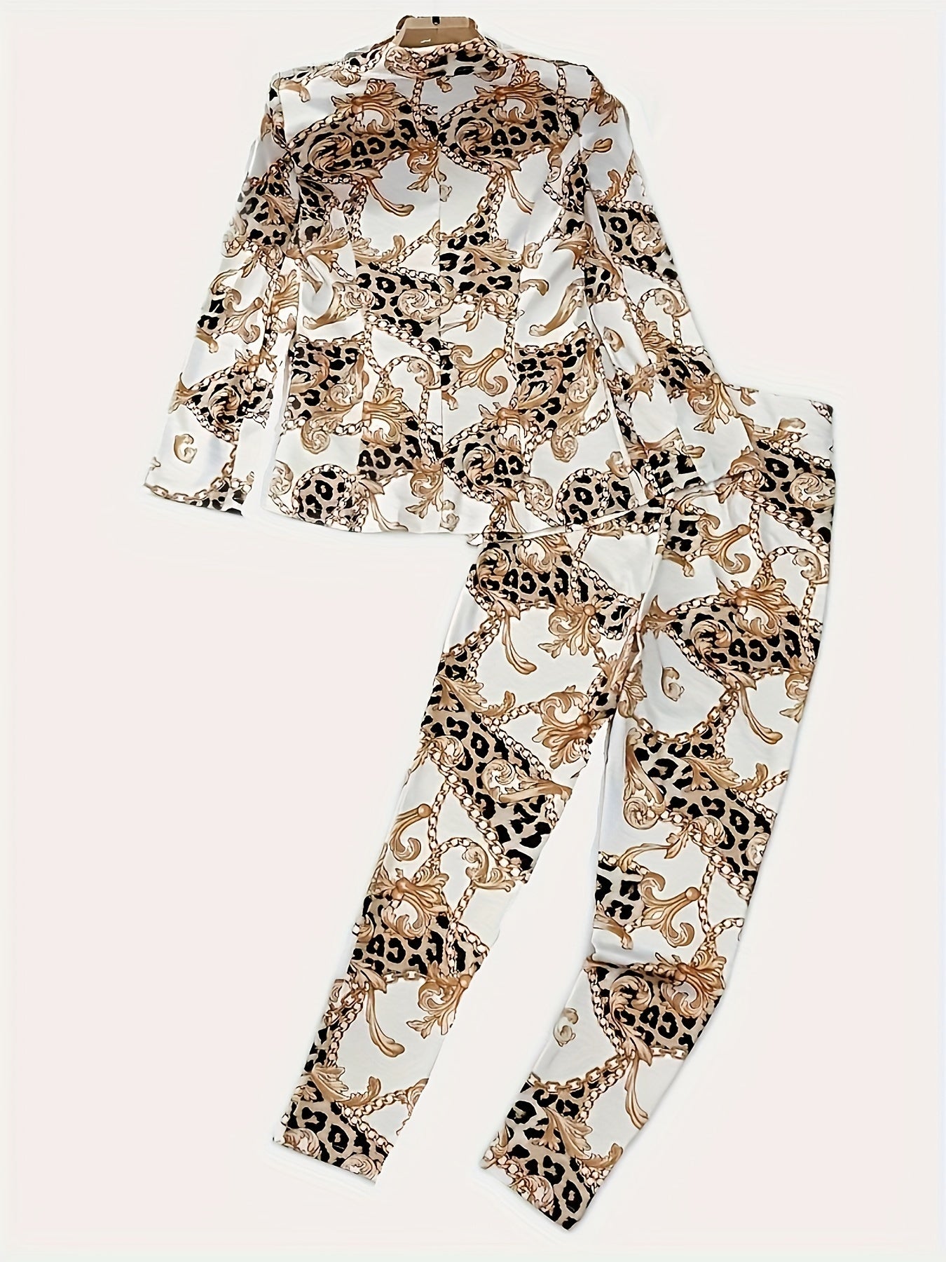 Tvådelad kavaj med slagmönster, geometriskt tryck, mikroelastiska, fuskknappar, casual tyg, outfit för vår och höst, polyester, damkläder, säljs inte på Amazon