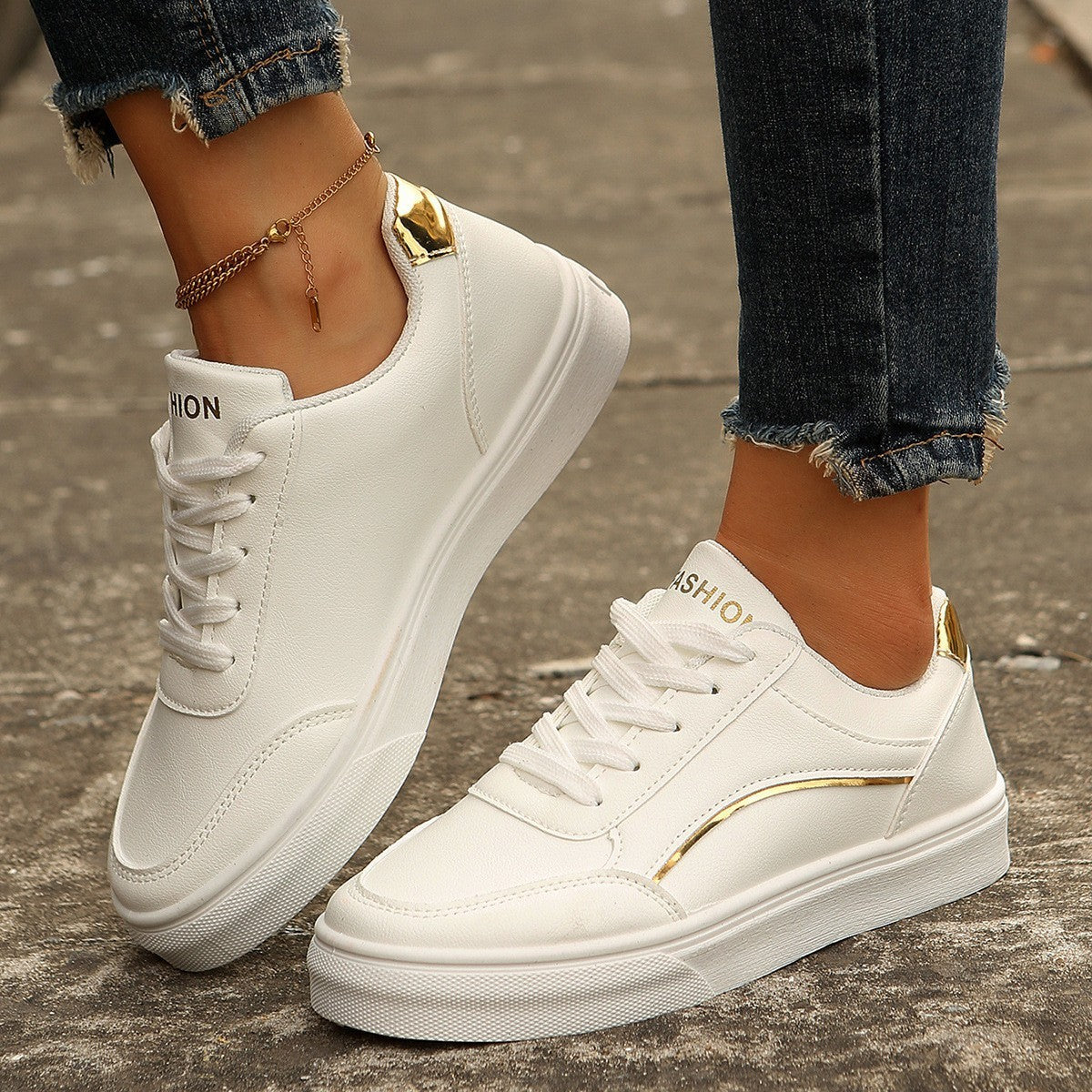 Women's White Lace-Up Thick Sole Casual Flats