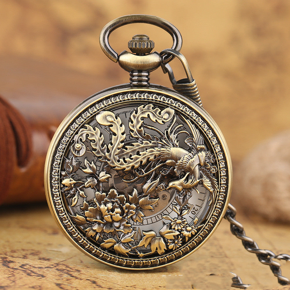 Fashion Hollowed-out Carved Phoenix Pattern Automatic Mechanical Large Pocket Watch - Traditional Modern Intricate Graceful Powerful Statement