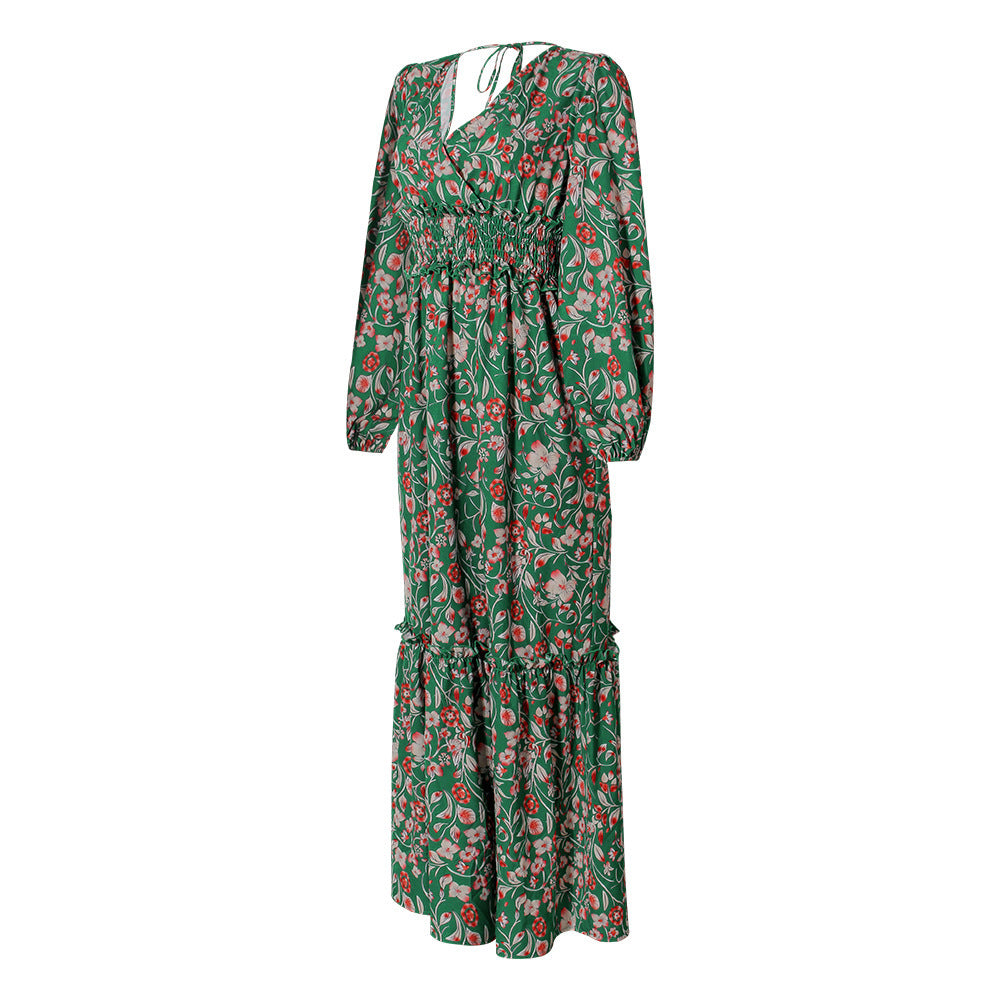 Mode Tryckta Lantern Långärmade V-hals Halter Couture Robe