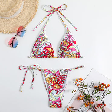 Professional Triangle Printed Bikini - Polyester (S-L, Separate System, Hanging Neck Design)