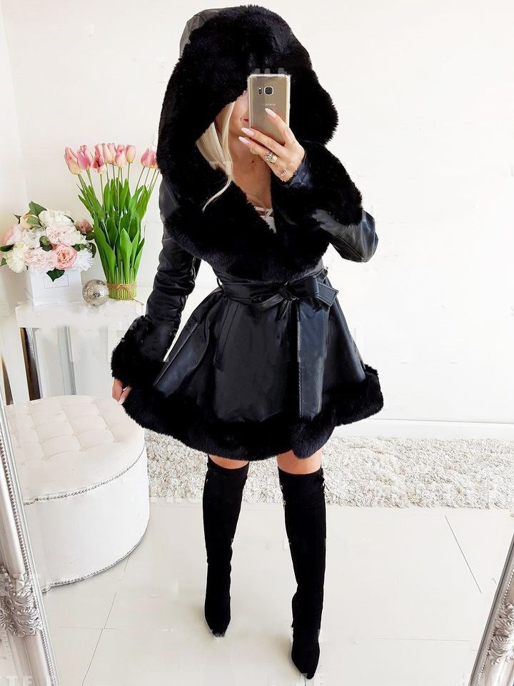 Women's Thermal Hooded Lapel Fur Splicing Coat - Imitation Leather Polyester Long Length Female