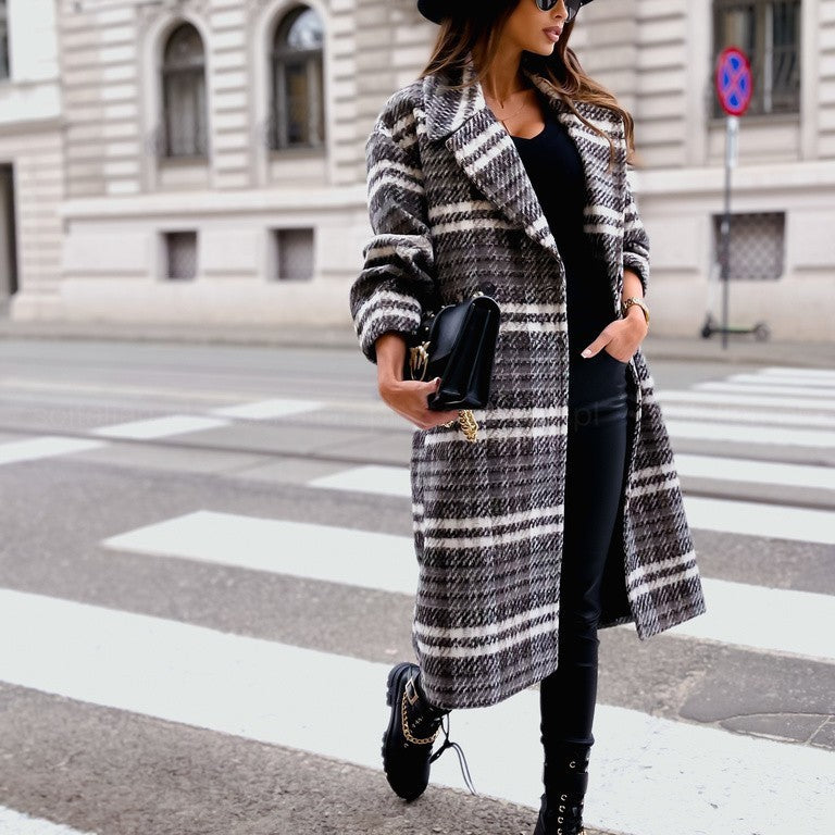 Checked Mid-Length Coat Lapel Tie Wool Coat
