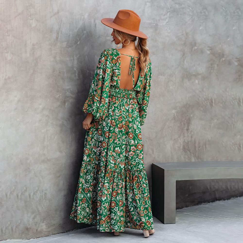 Mode Tryckta Lantern Långärmade V-hals Halter Couture Robe